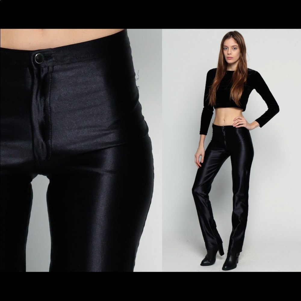 Disco Pants Black Shiny Leggings SPANDEX High Waisted 70s Cigarette Vintage XS